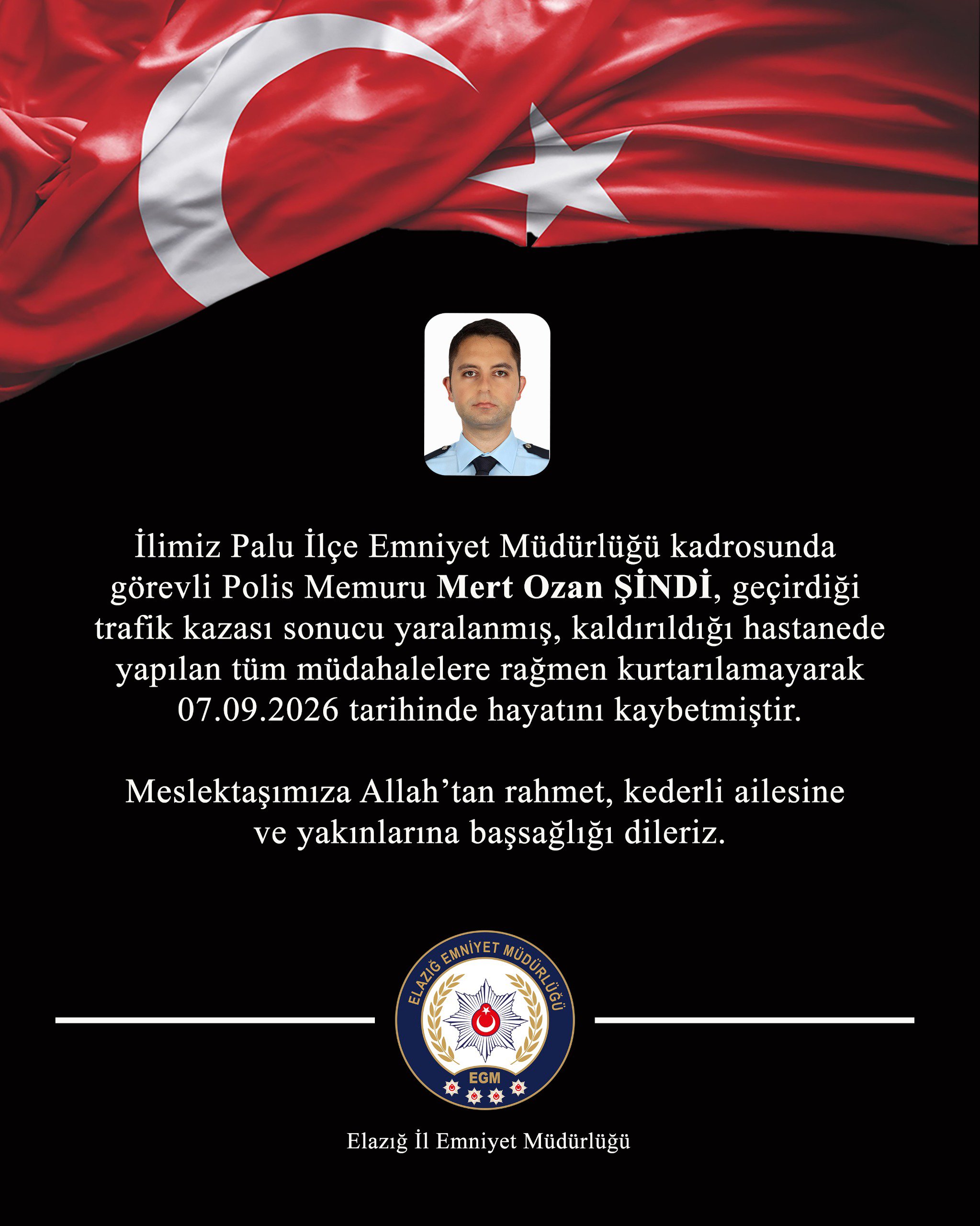 Elazığ’da Trafik Kazası Geçiren Polis Memuru Hayatını Kaybetti